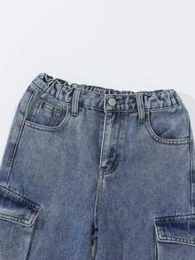 Tween Boy 休闲松紧腰多口袋浅色水洗蓝色直筒工装牛仔裤，百搭 - 淺色水洗藍 - 查看 4