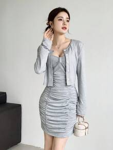 Celisse 2件套女士休闲褶皱吊带背心连衣裙和夹克套装 - 灰色 - 查看 3