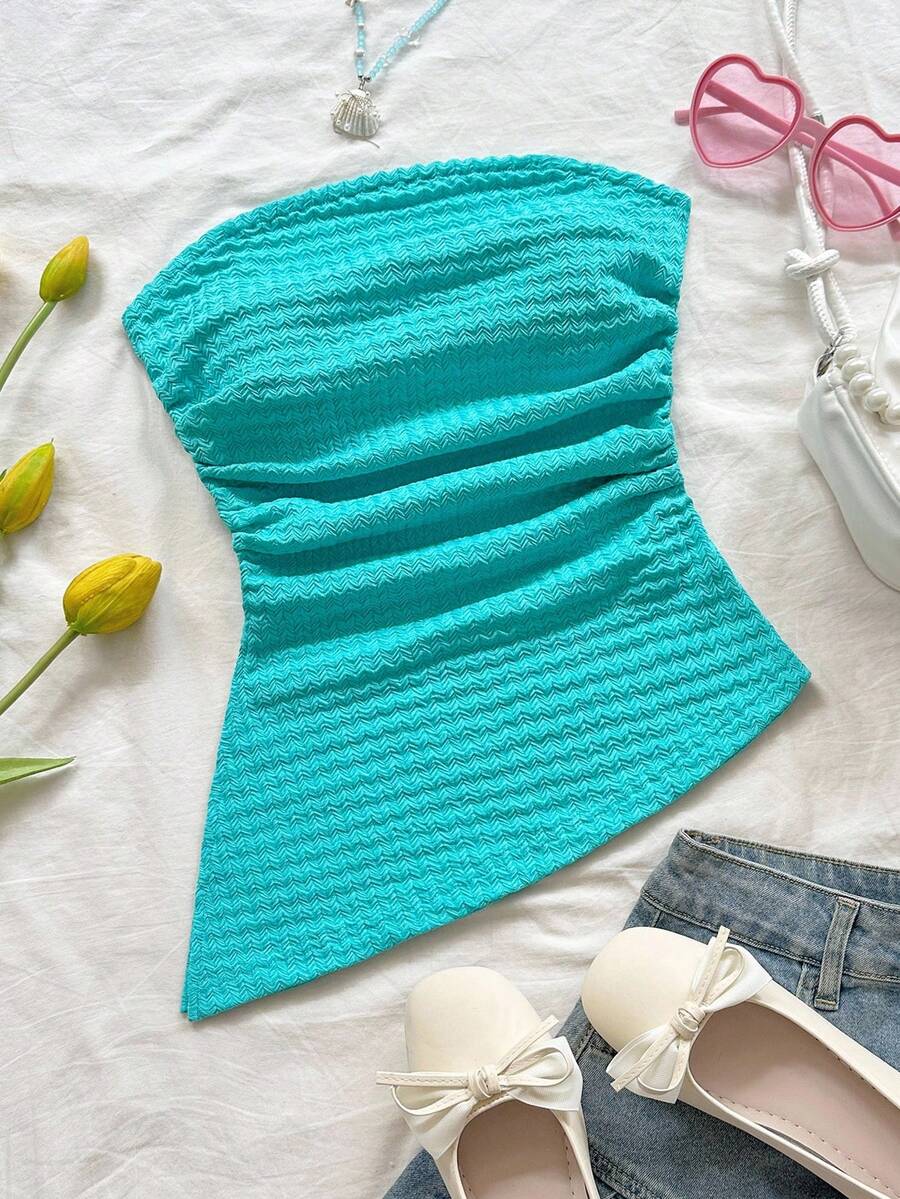Soleia Women's Vacation Strapless Blue Textured Asymmetrical Hem Side Slit Ruched Fitted Top - Teal Blue - View 1
