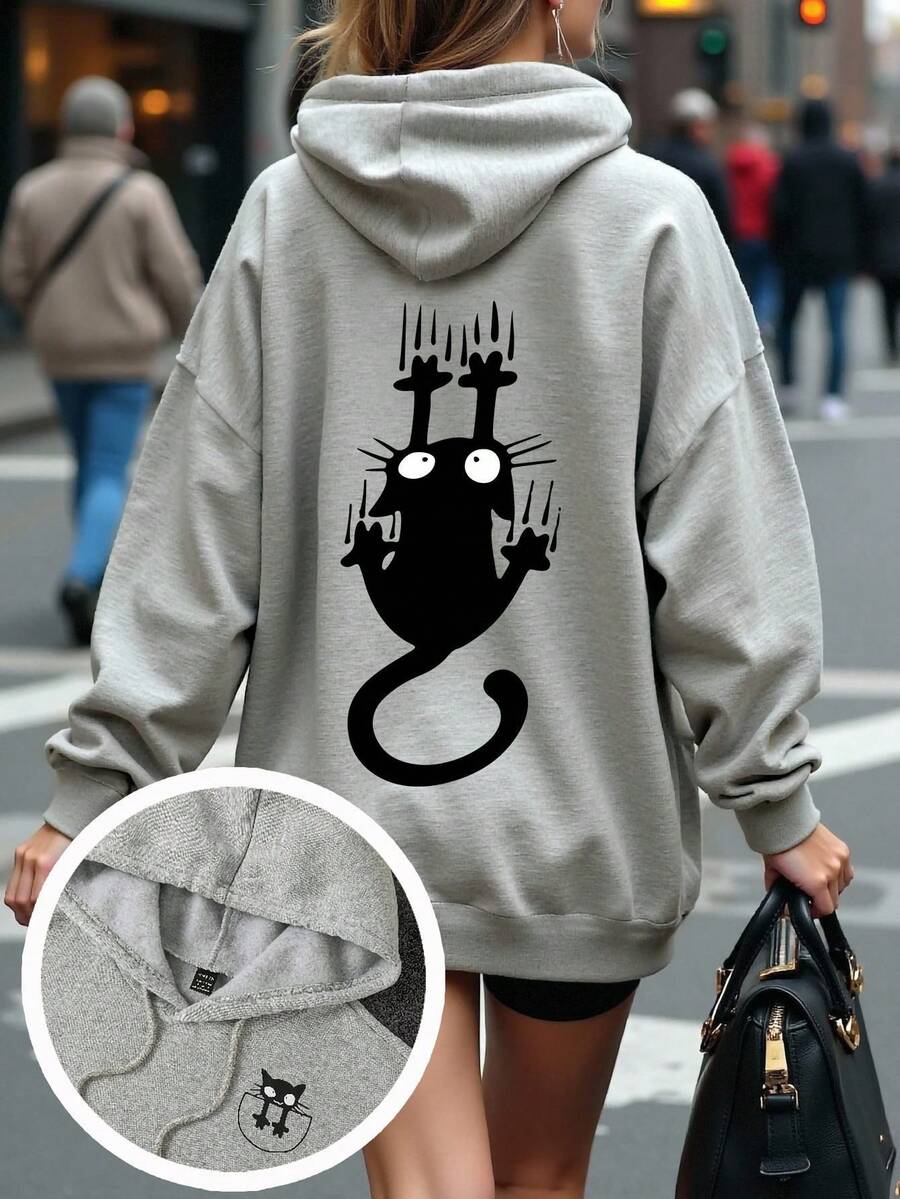 Women Cartoon Cat Print Gray Hooded Sweatshirt,Graduation,Teacher,Back To School Pullover Fall - Grey - View 1
