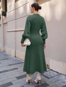 EURMUSE Abito maxi in maglia con maniche a palloncino e orlo a linea A - Verde militare - Visualizzare 2