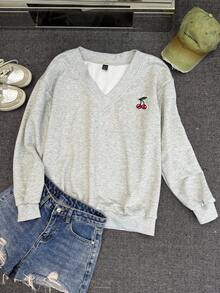 SHEIN EZwear 女士 V 领超大可爱樱桃刺绣图案宽松休闲运动衫，适合街头风格、户外穿着、秋冬季 Y2K
