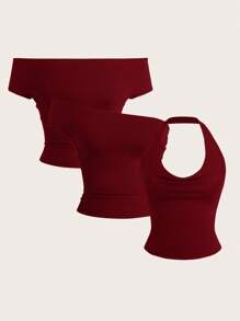 SHEIN EZwear Plus Size Women's Casual Street Chic Minimalist Solid Color Fitted Top, Versatile 3-Way Design,Back To School