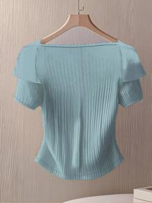Women's Elegant Ruffle Button Fitted Short Sleeve T-Shirt - Blue - View 2