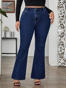 SHEIN Tall CURVE 大码秋冬返校季万圣节圣诞节街头风商务休闲女装乡村复古低调老钱商务休闲女装工作服教师装女装教堂装女装保暖内衬牛仔裤日常穿着经典蓝色喇叭牛仔裤，舒适贴合，设计时尚女式弹力牛仔时尚喇叭牛仔裤，打造日常优雅造型 - 藍色 - 查看 6