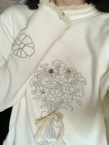 FRIFUL Damska koszulka z nadrukiem w minimalistycznym stylu, z marszczonym kołnierzykiem i długim rękawem, sweter z haftem, z długim rękawem, z kwiatowym nadrukiem i grafiką, sweter typu Cottagecore