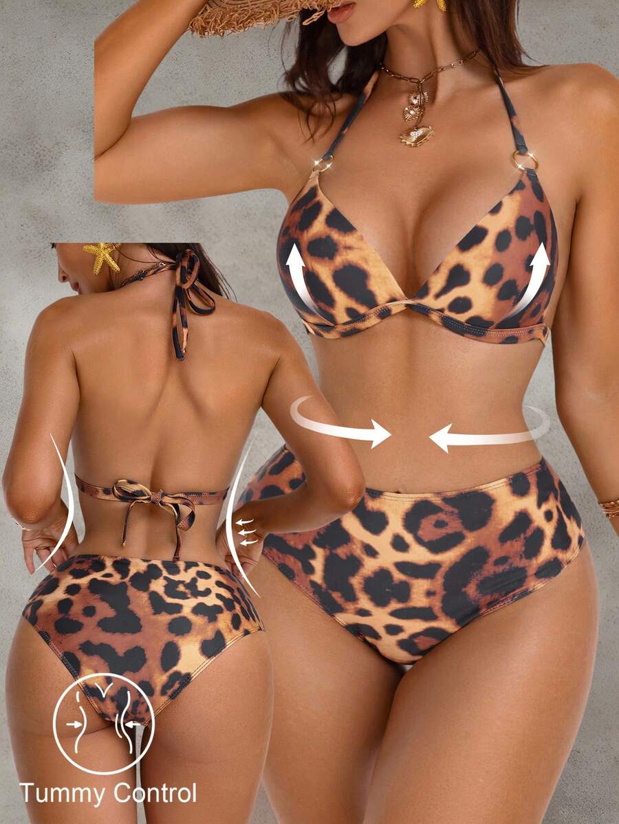 Shapewave 女士夏季度假沙滩豹纹印花聚拢高腰比基尼套装 - 彩色 - 查看 1