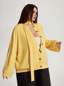 Enliva Karlangas.Toledo Plus Size Egg Yellow Cardigan Jacket, Matching Scarf Long Sleeve Jacket, Back To School, Button Up, Varsity Fall Coat For Women, Winter, CURVE PLUS, For Apple Rounded Body Shape