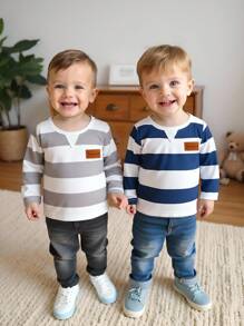 SHEIN Playful Pals 2 Stücke Baby Jungen Lässig Grau & Blau gestreifte bequeme Rundhals Langarm T-Shirts, geeignet für den täglichen Gebrauch, Zuhause, Sport, Frühling/Herbst