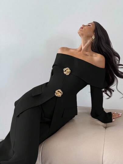 Firerie 2pcs Women Elegant Cold Shoulder Long Sleeve Top And Pants Set, Suitable For Commuting In Fall/Winter