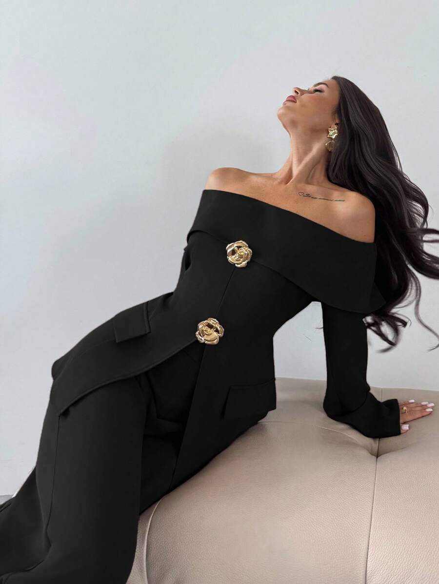 Firerie 2 件套女士优雅露肩长袖上衣和裤子套装，适合秋冬季通勤 - 黑色 - 查看 1