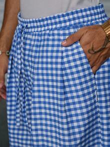 AXEPEAK Men's Woven Casual Loose Plaid Elastic Waist Straight Leg Shorts - Blue and White - View 6