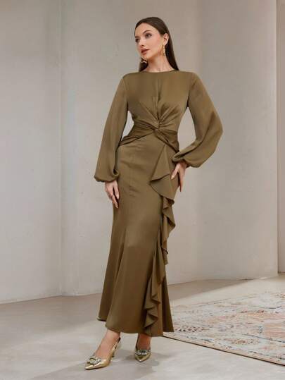 Veilorie 女士纯色扭纹下摆灯笼袖衬衫和荷叶边下摆鱼尾裙优雅两件套