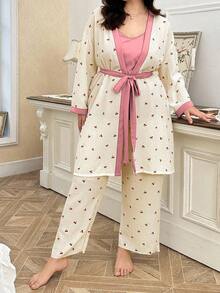CottageSlumber Plus Size 2pcs/Set Contrast Color Cherry Print Camisole & Robe Loungewear Set, Cozy And Elegant Details, Fall Clothes - Pink - View 7