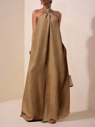 Zivah 2025年夏季新品基础百搭休闲度假邮轮旅行海滩日光浴病毒式优雅通勤商务休闲露背扭纹前开裆性感露背超大A字真口袋红棕色竹纤维双色女式长裙