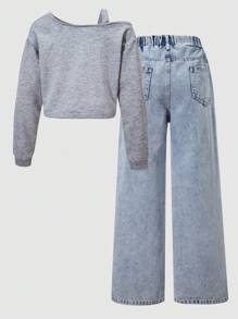 SHEIN 2pcs/Set Tween Girls Loose Casual Strap Shoulder Print Sweatshirt And Light Blue Denim Pants Sets, Suitable For Daily Commute, Casual Streetstyle, Gatherings, Spring/Summer New York Outfit Jean Outfit Set Y2k Outfit Fall Winter