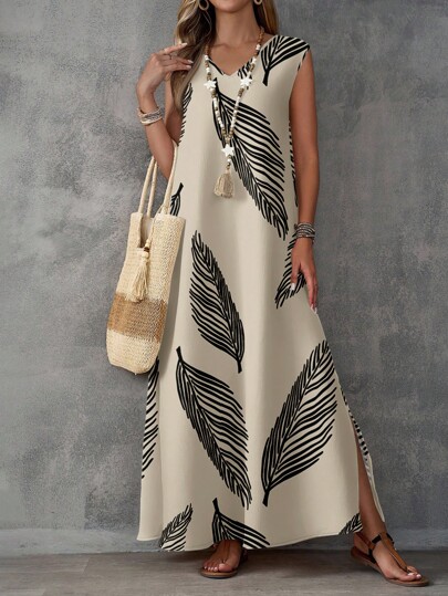 EMERY ROSE Vestido Longo Decote em V com Estampa de Folhas Casual, Adequado para Outono e Verão