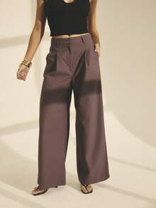 Aralina 女士 Y2k 夏秋前褶休闲裤，带侧袋，适合外出和教师穿着 - 巧克力棕 - 查看 5