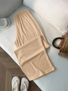 Elamini 女式休闲纯色竖纹裤 - 卡其色 - 查看 2