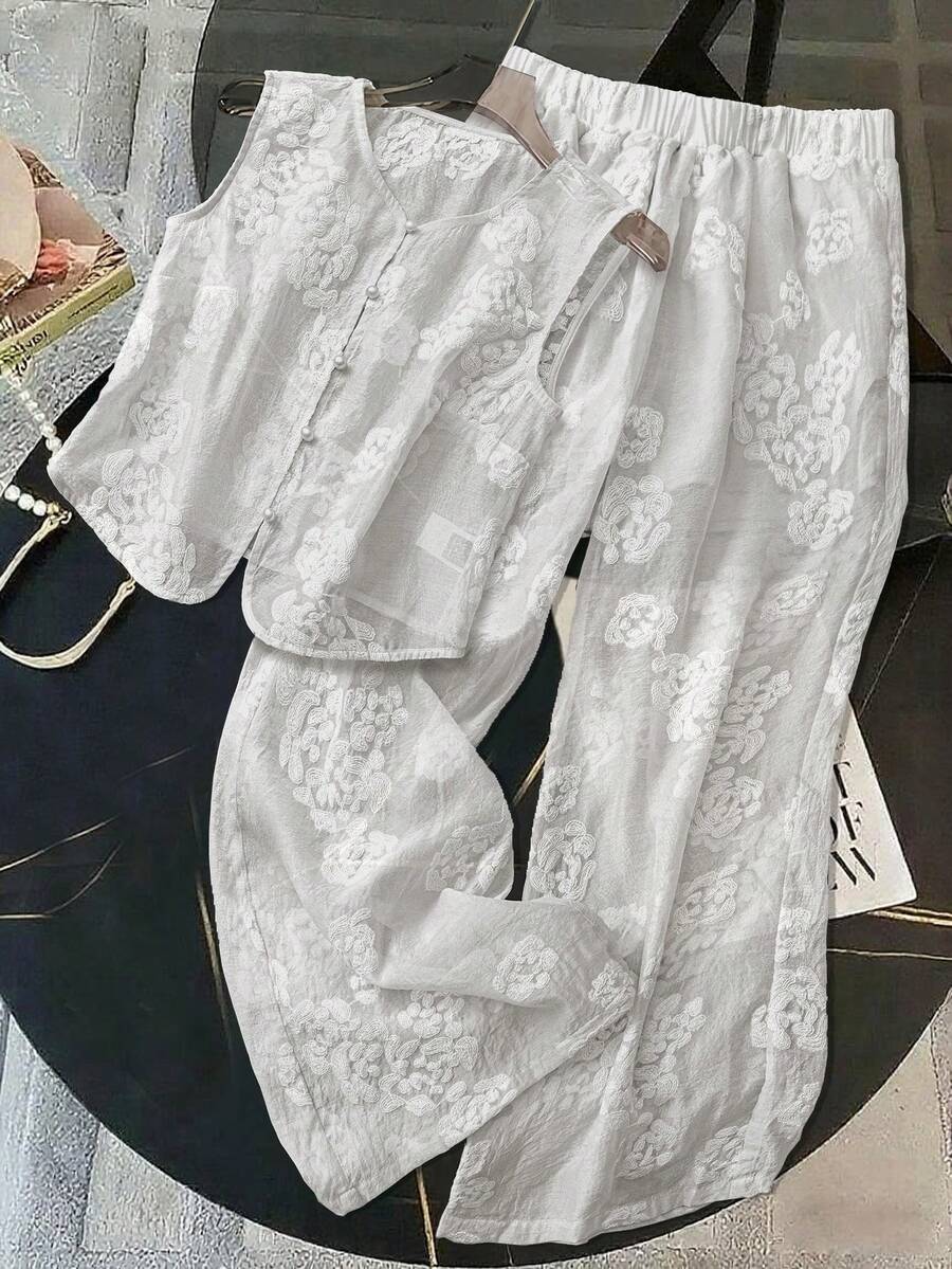 INAWLY 女式刺绣背心和裤子两件套 - 白色 - 查看 1