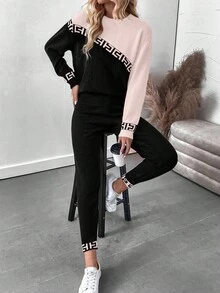 EMERY ROSE Women's Geometric Pattern Contrast Color Long Sleeve Sweater And Knit Pants Casual 2 Pieces Set, Autumn Tracksuit Women Set Long Sleeve Sets Women Women Jogger Sets Comfy Sets For Women Women 2 Pieces Sets