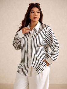 Elaquor Plus Size Striped Print Button Front Casual Long Sleeve Shirt - Black and White - View 5
