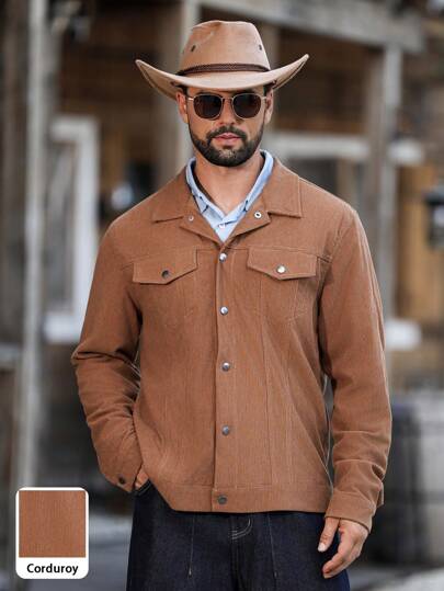 Manfinity Nomadique Men's Retro Casual Solid Color Button-Up Corduroy Button-Down Western  Corduroy  Trucker Jacket