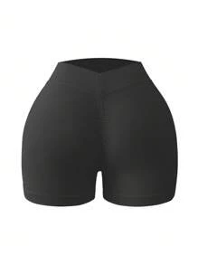 Easithlete 2PCS Women's Solid Color High Elasticity Fitness Casual Running Sports Shorts High Waisted Shorts Tummy Control