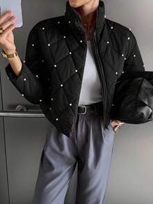 Siren Gaze Pearl Quilted Padded Coat, Winter Jacket For Women , Women Autumn/Winter Black Casual - Black - View 5