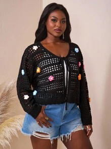 SHEIN CURVE+ Ropa de mujer de talla grande con estilo primavera/verano, cárdigan delgado con lazo frontal, ropa de otoño/invierno para mujer, CURVE PLUS - Negro - Ver 7