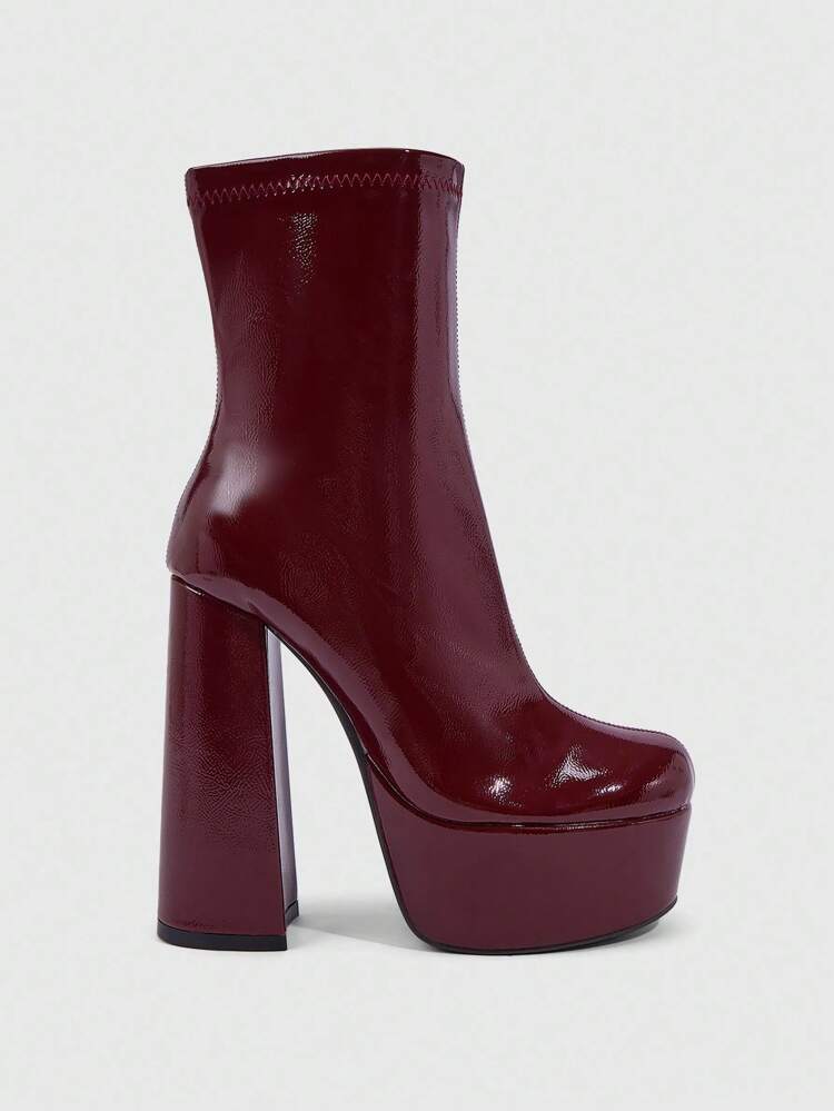 CUCCOO SZL Women Shoes Burgundy Square Heel Stretch Fashion Simple Style Banquet Side Zipper Women's And Ankle Boots And Boots Women's Boots Stretch Women's Boots