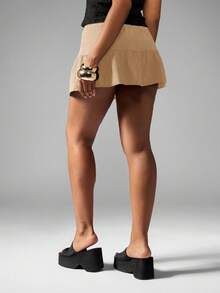 MISSGUIDED Saia Mini Plissada de Cintura Alta, Fluida, Estilo A, Verão, Casual, Leve, Praia, Resort, Elástica, Puxar para Vestir - Bege - Visão 2