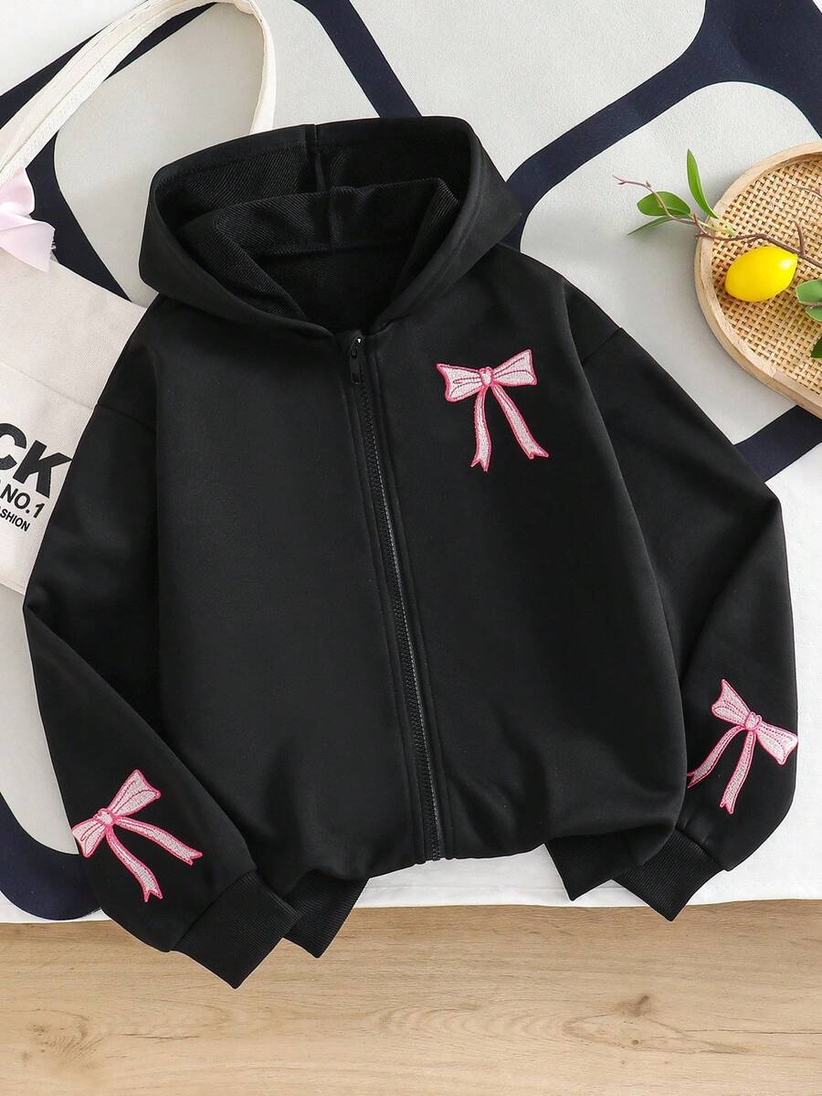 1pc Girls Zip-Up Hooded Long Sleeve Jacket, Butterfly Embroidery Decor On Back & Sleeves Fall Winter - Black - View 1