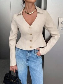 Siren Gaze Casual Commuter Solid Color Metal Buckle Waist Jacket In Fall/Winter - Apricot - View 3