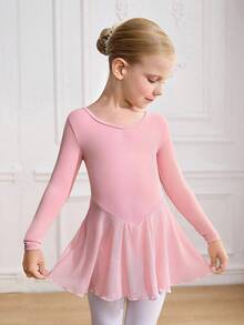 小女孩长袖粉色芭蕾舞裙，圆领，前部褶皱设计，可爱的蝴蝶结后背设计，柔软轻盈的网眼裙，裆部按扣，高弹力，亲肤，适合舞蹈、瑜伽和运动穿着