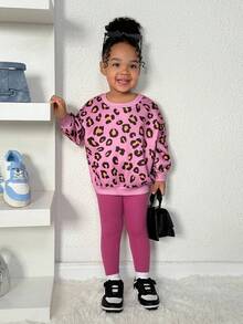 SHEIN 2pcs Baby Girl Casual Knit Leopard Print Sweatshirt & Elastic Waist Pink Pants Set, Autumn/Winter - Pink - View 7
