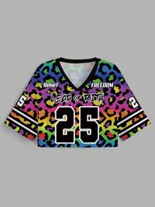 Slaydiva 2025夏季女款上衣 Y2K 街頭風 返校季休閒上衣 運動衫式 V領寬鬆印花袖網紗 T恤 外出穿搭豹紋獵豹印花時尚款 - 彩色 - 查看 2