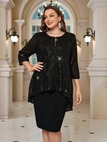 EMERY ROSE Große Größen einfarbiges Pailletten-Patchwork Rundhals elegantes Kleid