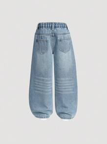 SHEIN Explorewe Girls' Back-To-School Washed Blue Wide Leg Jeans,Loose Casual Classic 5-Pocket Snug Fit Straight Leg Denim Pants,Soft Comfortable Fall Winter Trousers - Medium Wash - View 2
