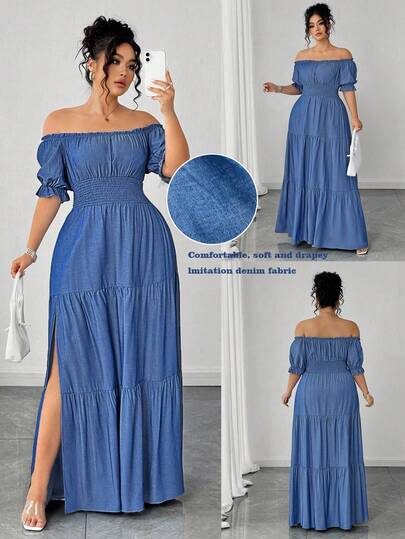 Auvina Plus Size Women's Spring/Summer Blue Solid Faux Denim Shirred Ruched Waist Elegant Casual Maxi Dress With Side Slit