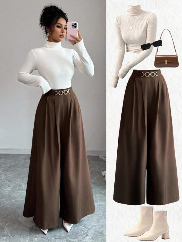 Elenzga Nuevos pantalones casuales de mujer de cintura alta con cremallera lateral, diseño de botones decorativos y pierna ancha, elegantes y versátiles para uso diario en primavera/otoño