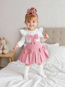 SHEIN Playful Pals 2pcs Baby Girls' White Textured Knit Long Sleeve Top And Pink Corduroy Skirt Set, Cute And Sweet Outfit For Toddlers Pink Bow Baby Dress Babygirl Skirt Sets 2pcs Set Toddler Girls Cute Vintage Style Baby Girl Skirt Set Toddler Girl Clothes With Bows Fall Winter