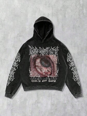 Goth Schwarzer säuregewaschener Kapuzen-Halloween-Sweatshirt für Herren, ohne Taschen, Herbst