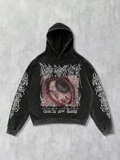 Goth Felpa con cappuccio nera lavata con acido per Ognissanti, senza tasche, autunnale, per uomo