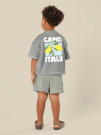 SUMWON Beach Vibes Vacation Club Italian Lemon Print Summer Boys Two Piece T Shirt Co Ord Set With Drawstring Shorts Holiday Fashion Outfit
