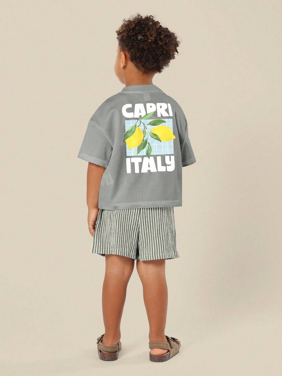 SUMWON Beach Vibes Vacation Club Italian Lemon Print Summer Boys Two Piece T Shirt Co Ord Set With Drawstring Shorts Holiday Fashion Outfit - Grey - View 1