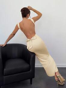 Aloruh Vestido Cor de Damasco com Laço Decorativo Sem Costas para Mulheres