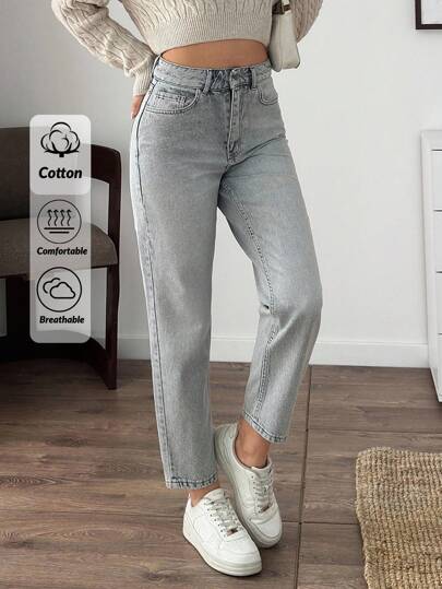 EURMUSE Women High Waist Pockets Tapered Casual Jeans