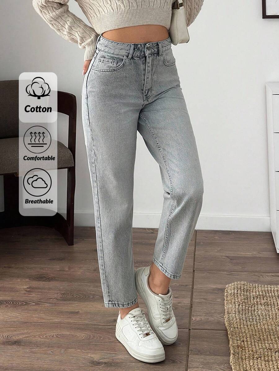 EURMUSE Quần Jeans Ống côn Túi Cạp Cao Cho Nữ Thường Ngày - Xám - Xem 1