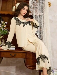 Côtesoire 撞色蕾丝花边拼布圆领上衣和长裤女士睡衣套装，秋季服装 - 米色 - 查看 1